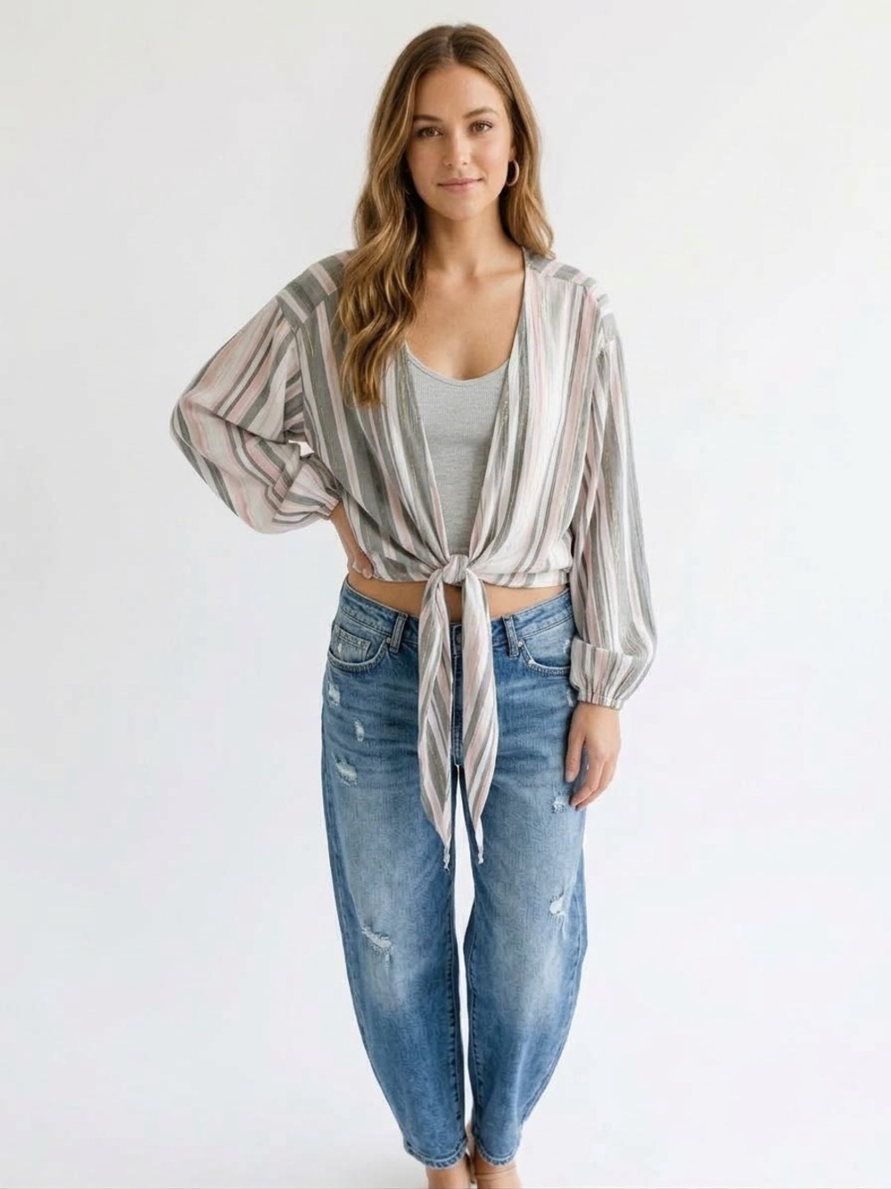 lovestitch Pink, Gray & White Striped Tie-Front Blouse